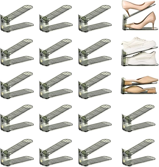 20 Pack Shoe Slots Organizer Adjustable Level Shoe Stacker Holder Storage Space Saving Sneakers Display Tray Rack for Closet (Green Transparent, 20 Pack)
