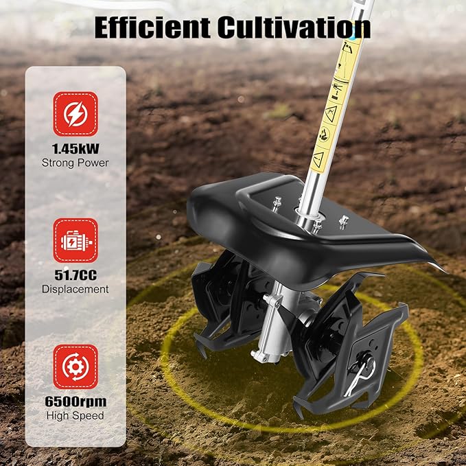 Gas-Powered Handheld Tiller Cultivator, 51.7CC 2-Stroke Engine, 1.45kW, 6500RPM, Lightweight, Mini Tiller Cultivator for Efficient Soil Loosening, Weeding & Farming in Gardens, Hills & Hard Soil