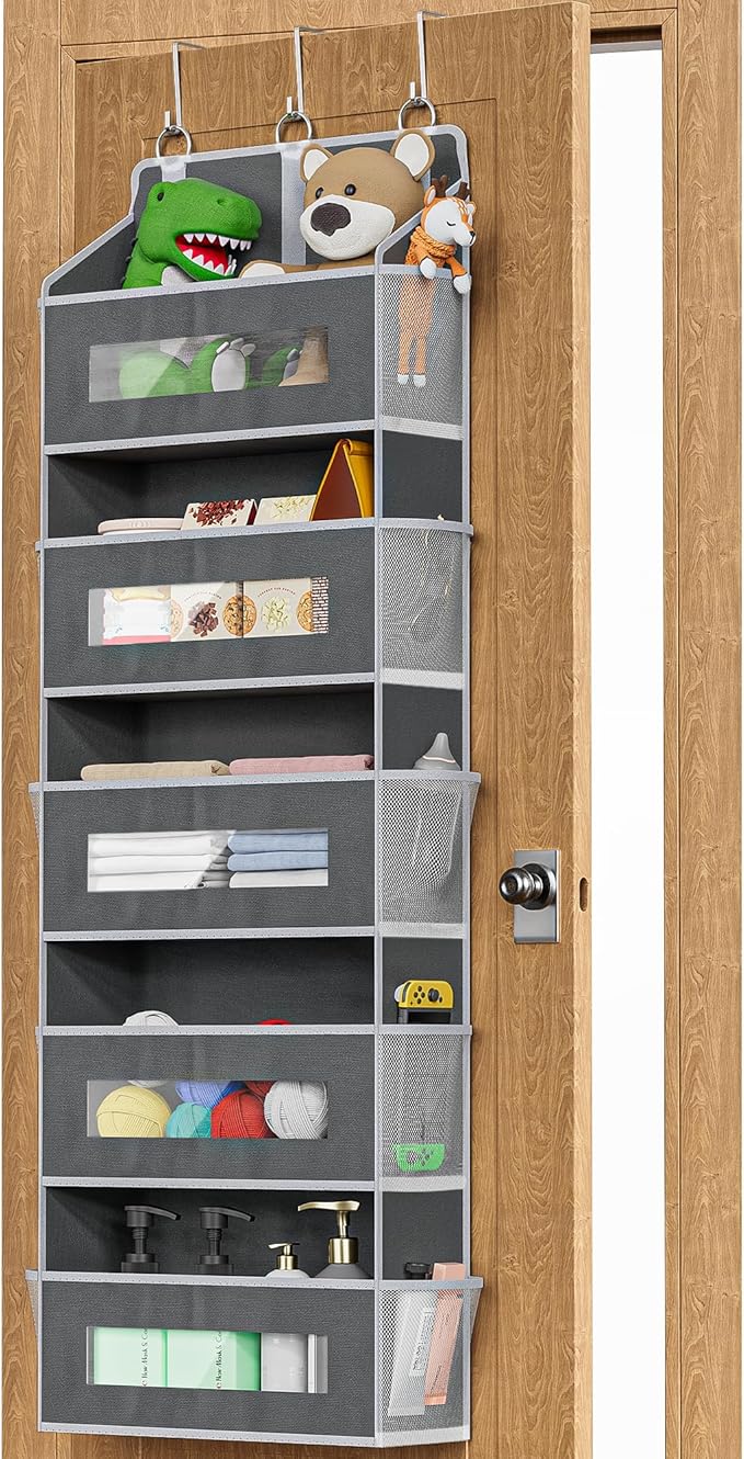 5 Tier Over The Door Organizer - Large Capacity Behind Door Hanging Shelves with 10 Mesh Pockets and Clear Windows, Closet Organizers and Storage for Bathroom, Bedroom, Nursery, Grey