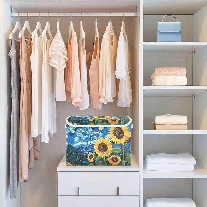 senya Large Storage Bins with Linen Collapsible Foldable Storage Cubes Fabric Closet Organizer Containers box with Flip-Top Lid for Home Bedroom Office 16.7 x 12.6 x 11.8in (Sunflowers Sky)