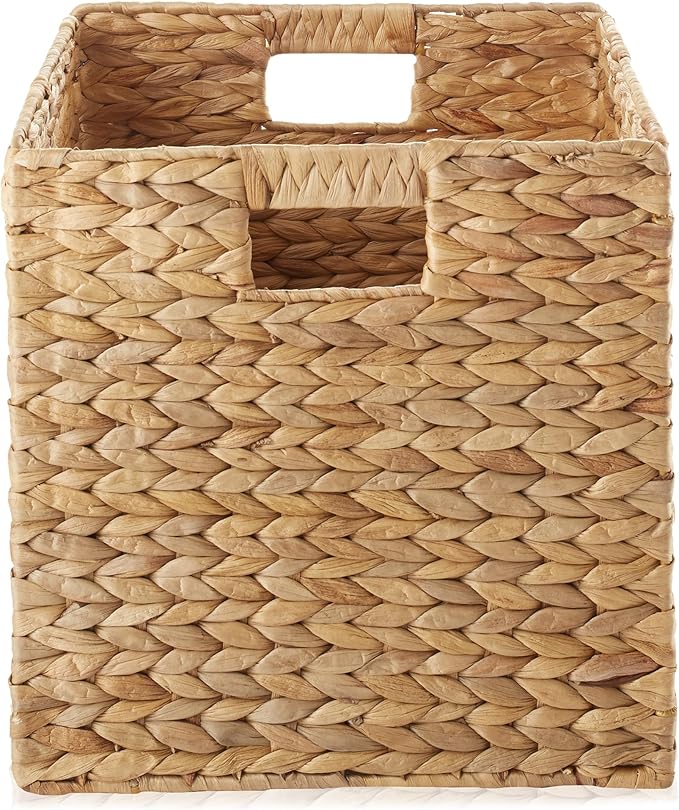 Casafield 12" x 12" Water Hyacinth Storage Baskets, Natural - Set of 6 Collapsible Cube Organizers, Woven Bins for Bathroom, Bedroom, Laundry, Pantry, Shelves
