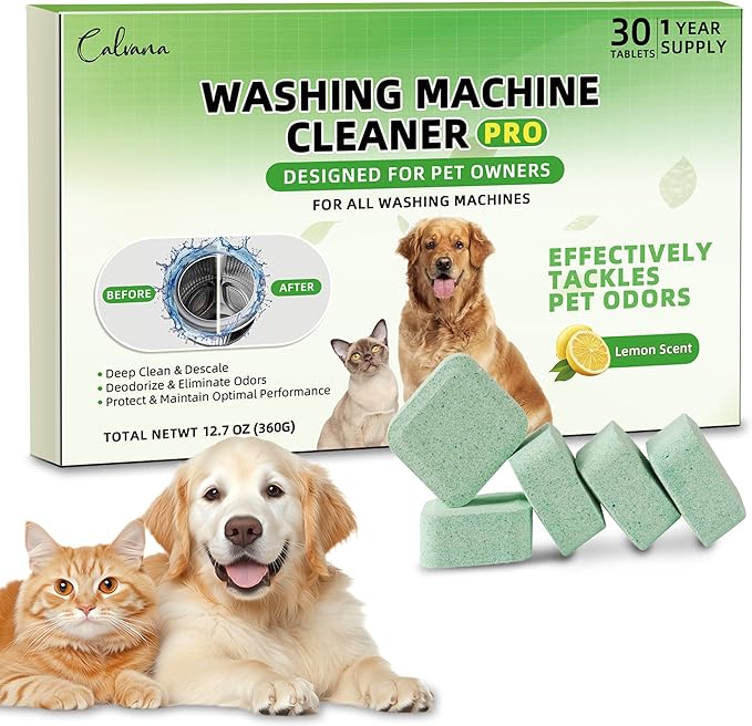 Calvana (30-Pack) Washing Machine Cleaning Tablets, Formulated for Pet Owners, Washer Cleaner, for Front-Loaders, Top-Loaders, HE Machines, Easily Removes Residue, Septic Safe, Over a 12-Month Supply