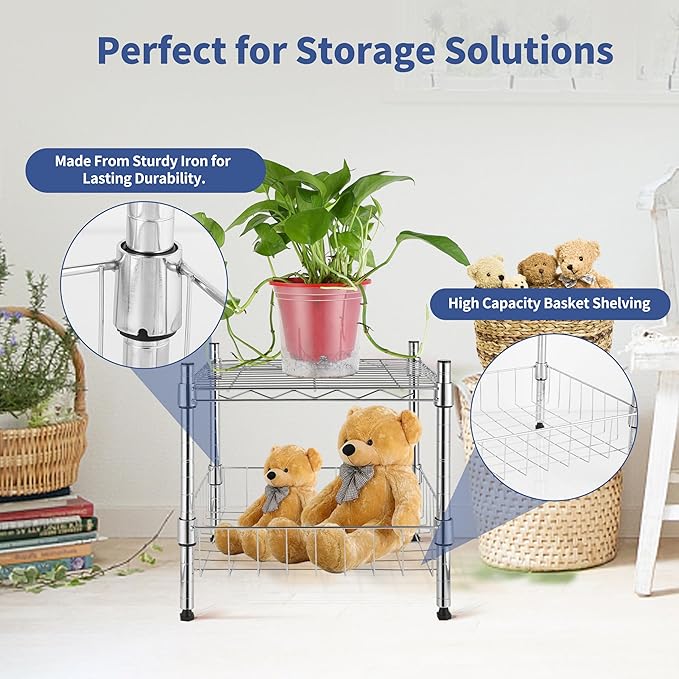 HealSmart 2-Tier Shelving Unit, 15" W x 13.8" D x 15" H Wire Metal Stackable Storage with Basket, Chrome