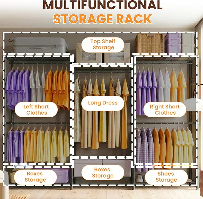 Extra Large Clothes Rack, Heavy Duty Clothing Rack for Hanging Clothes, Freestanding Clothing Rack Closet, Adjustable Metal Garment Rack, Portable Closet 76.4"W x 15.7"D x 68.5"H, Hold 792 lbs, Black