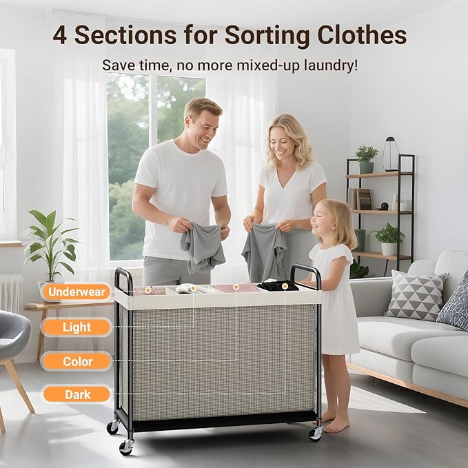 ELYKEN Laundry Hamper 4 Section, 140L Rolling Laundry Sorter with Removable Liner Bag, Laundry Basket with Wheels, Steel Frame with Metal Handle, Clothes Hamper Cart for Laundry Room & Bedroom