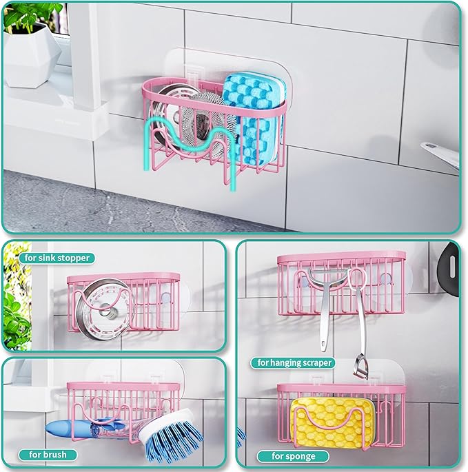 HapiRm Sponge Holder for Kitchen Sink - Sink Caddy with Unique M-Shaped, 2 Installation Methods Kitchen Organizer, Rustproof Stainless Steel Sponge Caddy - Pink