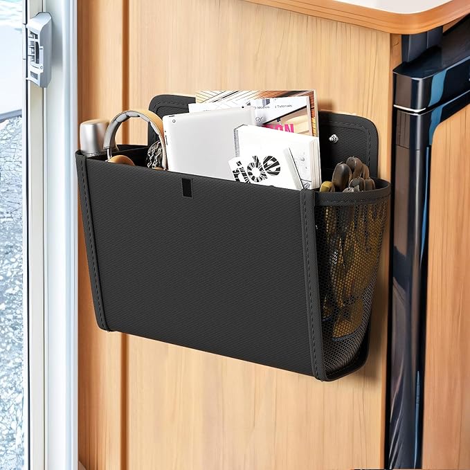 Wall Hanging Storage Organizer, Wall Pocket Hanging Bag with Large Pockets & Sticky Adhesive Tape Wall Mounted Storage Door organizer for RV Camper Kitchen Office Black