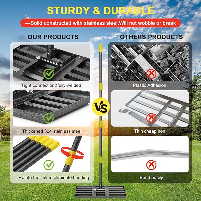 Large Lawn Leveling Rake - Heavy Duty 30"x10" Stainless Steel Leveler Plate,Reinforced Welds,28-72" Adjustable, Anti Flipping Smooth Edge,for Soil, Dirt,Ground,Golf,Yard Top Dressing,Landscaping