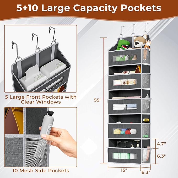 5 Tier Over The Door Organizer - Large Capacity Behind Door Hanging Shelves with 10 Mesh Pockets and Clear Windows, Closet Organizers and Storage for Bathroom, Bedroom, Nursery, 3 Pack Grey