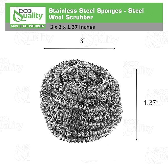 24 Pack Stainless Steel Sponges, Steel Wool Scrubber, Scrubbing Scouring Pad for Pots, Pans and Ovens Great for Kitchen, Bathroom, Outdoors by EcoQuality