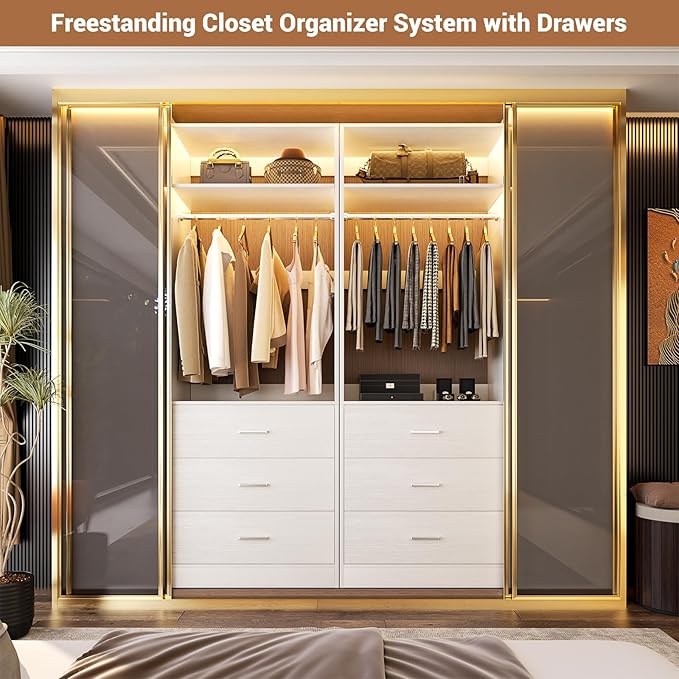 Besiost Closet System Set of 4, 8FT Closet Systems with 12 Wood Drawers, 96" Closet Organizer System with 4 Hanging Rods & 4 Shelves, Heavy Duty 96 Inch Walk-in Closet, White (96"L x 15" W x 80" H)