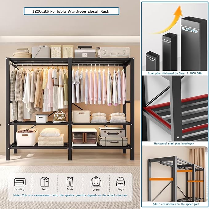 Heavy Duty Covered Clothes Rack with Magnetic Door Foldable Portable Wardrobe Closet for Hanging Clothing Rolling Black Metal Garment Rack on Wheels Closet System (Gray, 58.9in)