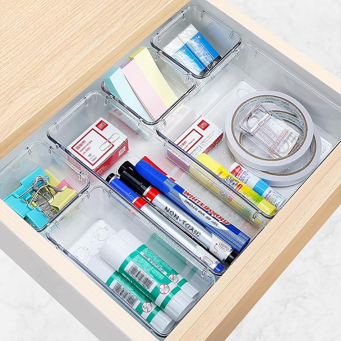 StorMiracle 23 PCS Drawer Organizer Set, 5 Varied Size Bathroom and kitchen Drawer cabinet organizer Trays, Clear Storage Bins for Makeup, Jewelry, Utensils and Gadgets