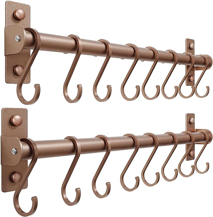Dseap Kitchen Utensil Holder Hanger, Pot and Pan Rack Wall Mounted, Kitchen Rail with 8 Hooks for Hanging Cooking Utensils, Mugs, Spoons, Wall Mounted, Antique Copper New, Pack of 2