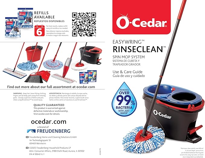 O-Cedar EasyWring RinseClean Microfiber Spin Mop & Bucket Floor Cleaning System with 3 Extra Refills, Plastic, Grey