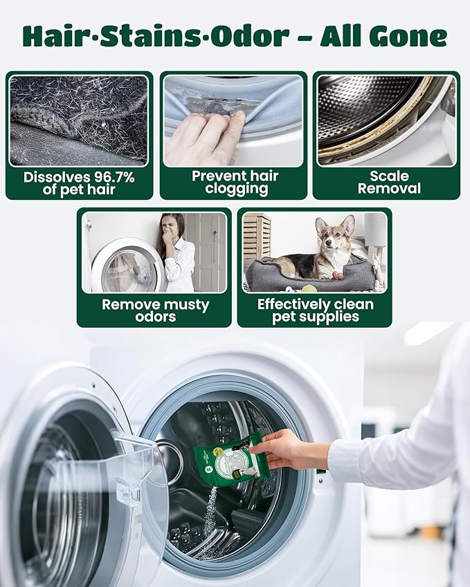 SEMECH by Seedshub Pet Hair Dissolver for Washing Machine, Washing Machine Cleaner -12 Sachets, 96.7% Hair Dissolution, Dog & Cat Hair Dissolver, HE Compatible for Front & Top Load Washers