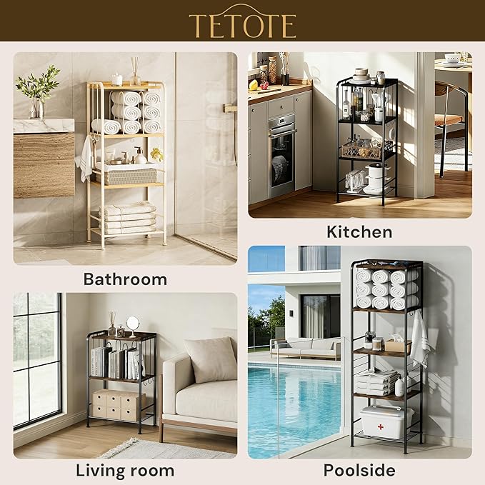 TETOTE Towel Rack 4-Tier M-Shaped Detachable Dividers Towel Storage Organizer with Hooks Modern Towel Stand Shelf for Bathroom, Pool, Kitchen, Living Room, White
