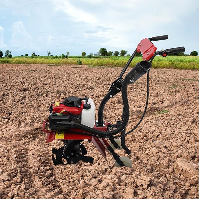 Mini Tiller Cultivator 63CC 4-Stroke Gas Powered Hand Rotary Cultivator Rototiller Walk Behind Garden Farmyard Tiller Cultivator,Adjustable Tilling Depth Front Tine Tiller for Loosening Soil,Weeding
