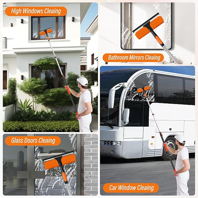 26FT High Window Cleaning Kit with Pole,2 in 1 Window Squeegee,5-20FT Professional Window Clean Pole Kit(2 Squeegee & 2 Microfibre Cloths),180°Rotatable Squeegee for Indoor/Outdoor High Windows