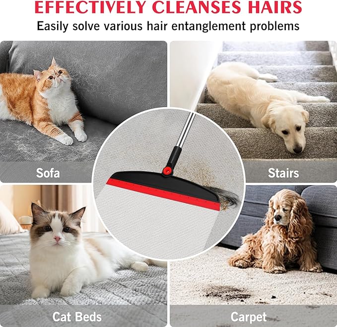 Multifunction Silicone Broom, 54 Inch Long Handle Silicone Floor Squeegee Broom, Sweep and Scrape 2 in 1 Household Cleaning Broom for Floor, Bathrooms, Kitchens, Showers, Tile, Pet Hair,Black Red