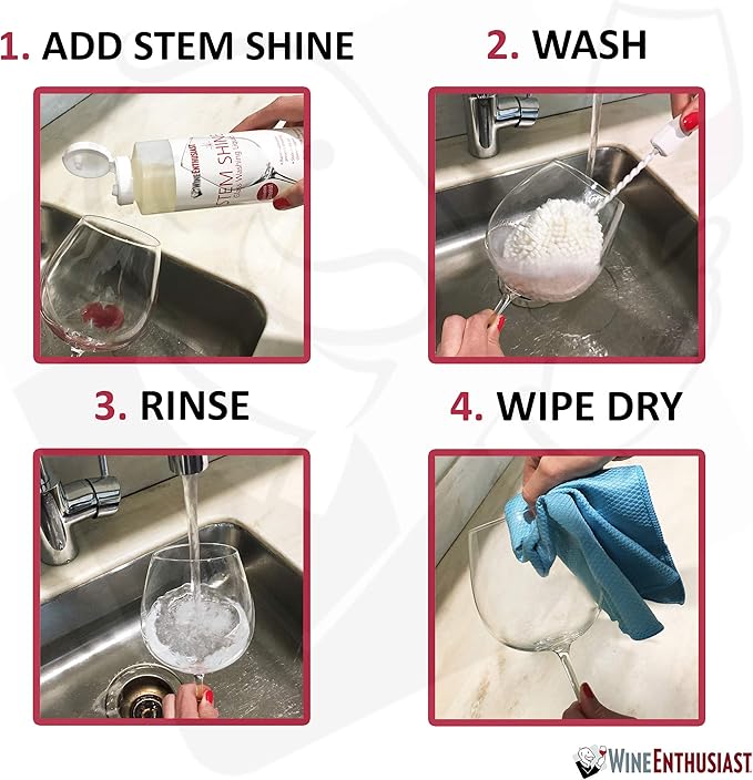Wine Enthusiast Stem Shine - Wine Glass Liquid Cleaner to Eliminate Streaks, Remove Odor, Clean Contaminants & Grim – Hand Wash Delicate Glassware & Crystal (16 oz)