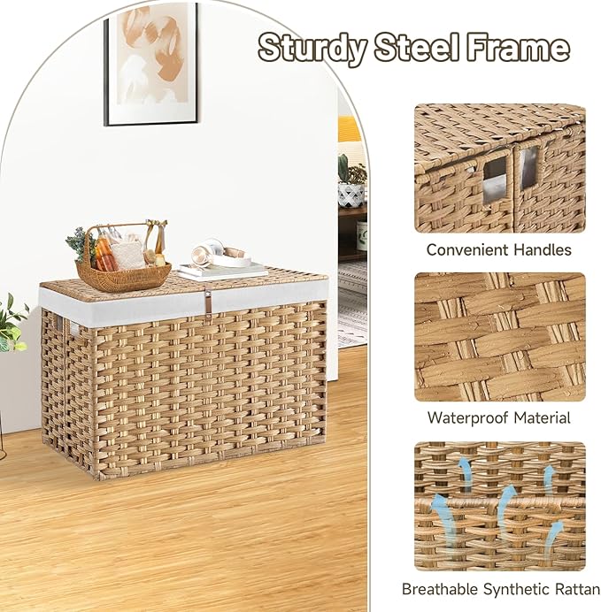 240L Wicker Storage Basket with Lid, Handwoven Rattan Large Shelf Basket with Removable Liner, 47.6 Gallon Wicker Basket for Blanket, Storage Trunk with Handle for Closet, Bedroom, Livingroom, Natural