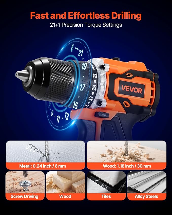 VEVOR Cordless Drill Driver, 1/2 inch Metal Chuck, Brushless Motor, Dual-Speed Variable, Drill Driver Kit with Lithium Battery and Charger, Tool Box, for Wood and Metal Drilling, Screw Driving