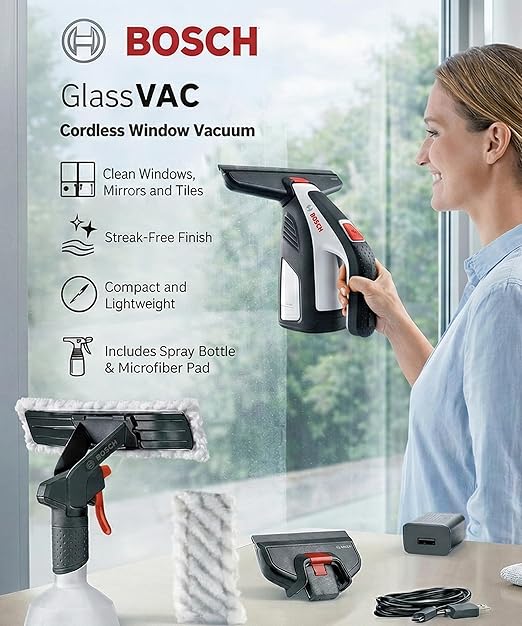Bosch GlassVAC Cordless Electric Window Vacuum Squeegee Handheld Glass & Surface Cleaner Streak-Free Suction for Showers, Mirrors, Tiles, and Countertops – USB Rechargeable with Dual Head Attachments