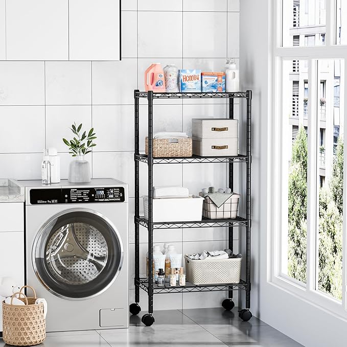 DUMOS 4 Tier Metal Shelving, Heavy Duty Shelves Wire Shelving Unit with Removable Wheel Casters, Shelves Organizer for Bathroom Garage Living Room Kitchen Pantry Laundry Black
