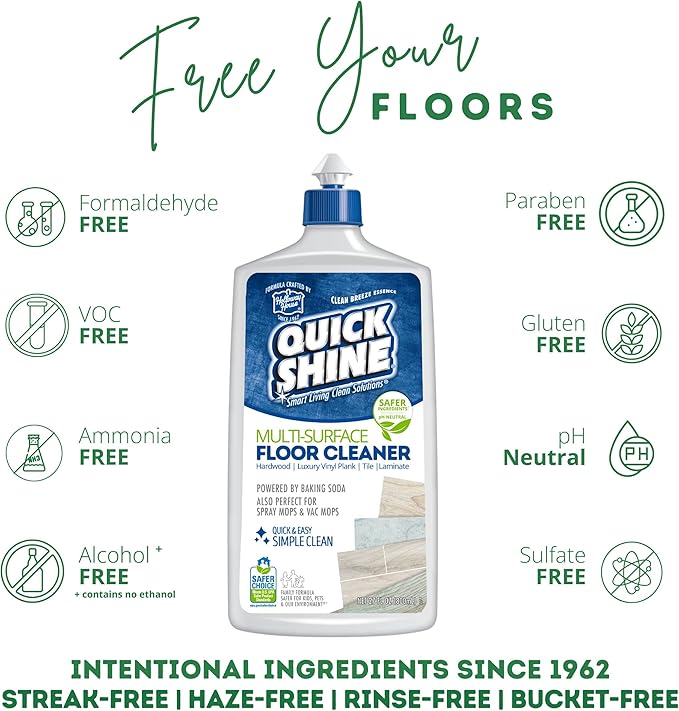 Quick Shine Multi Surface Floor Cleaner 27oz, 2Pk | Ready to Use-Streak Free- No Rinse | Use on Hardwood, Laminate, Luxury Vinyl Plank & Stone | Use in Spray Mops & Vac Mops | Safer Choice Cleaner