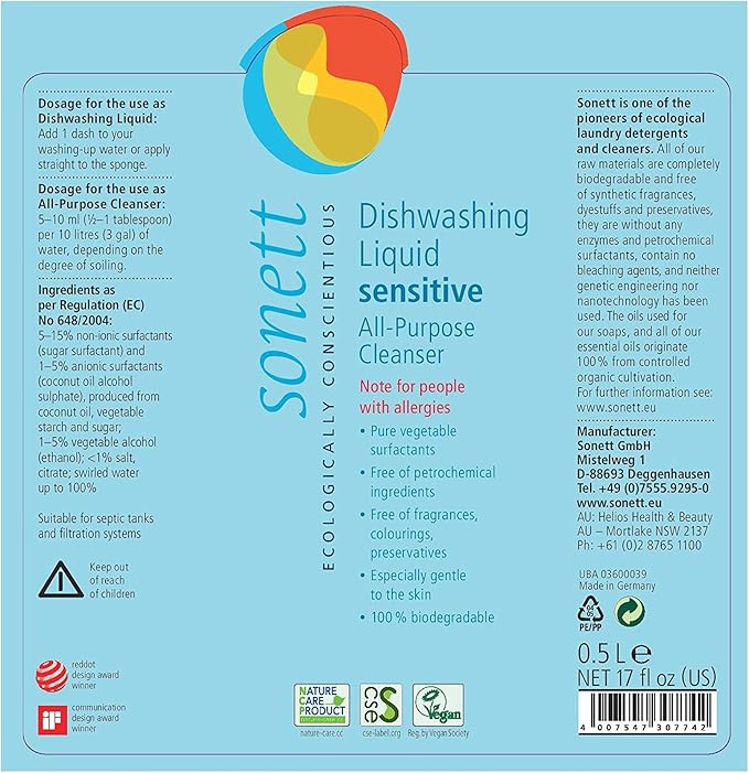 Sonett Organic Dishwashing Liquid, All Purpose Cleaner For Sensitive Skin (17 Fl.Oz (1 Count)) Certified Organically Grown