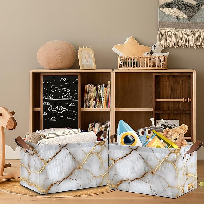 White Gold Marble Storage Baskets,Foldable Large Capacity Organizer Bins with Waterproof Lining and Leather Handles for Closet,Shelf,Bedroom 17x11.5x10Inch