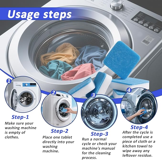 Washing Machine Cleaner Effervescent Tablets - 24 Pieces, Deep Cleaning Formula, Removes Grime & Odors, Deodorizes & Refreshes HE Top/Front Load Washers