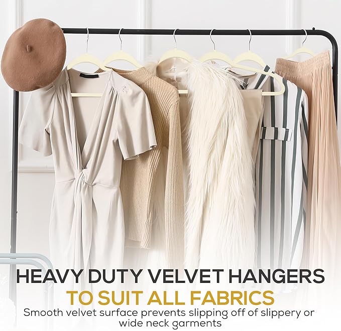 Techzoo 50 Pack New Premium Quality Velvet Hangers Ultra Thin Non Slip Adult Felt Space Saving Hangers for Closet Heavy Duty Coat Pants Jackets Dress Hangers 360° Swivel Hook Hold Upto 10 lbs Ivory