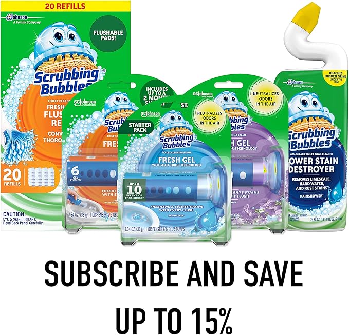 Scrubbing Bubbles Fresh Gel Toilet Bowl Cleaning Stamps, Helps Keep Toilet Clean and Helps Prevent Limescale & Rings, Rainshower Scent, 1 Dispenser with 6 Fresh Gel Stamps