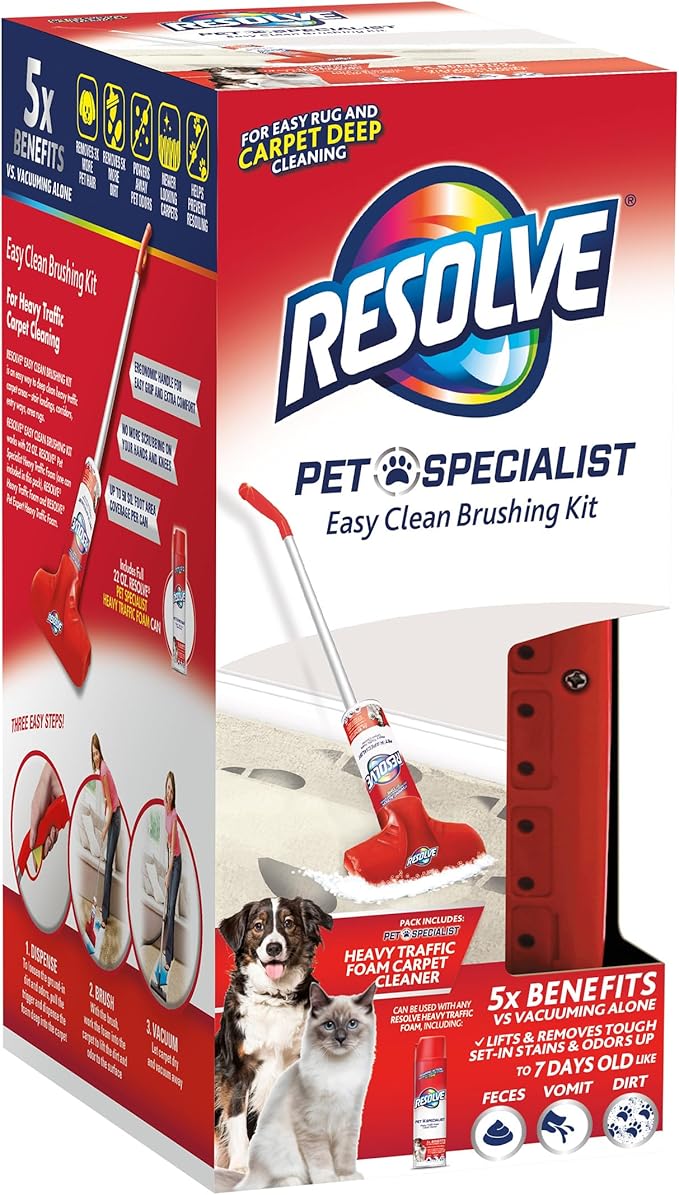 Resolve Pet Specialist Easy Clean Brushing Kit includes High Traffic Foam Carpet Cleaner, Pet Stain and Odor Remover, 22oz