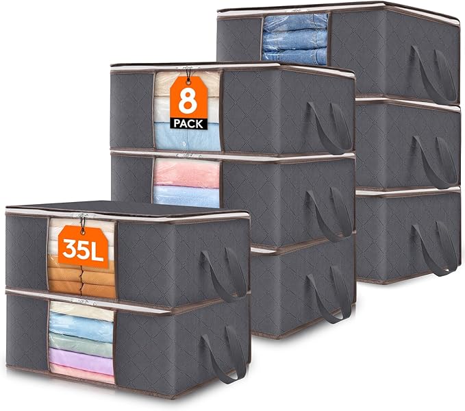 Lifewit 8 Pack 35L Clothes Storage Bins with Lids, Foldable Blanket Storage Bags with Zippers, Clear Window and Reinforced Handles, Closet and Organization for Clothing, Sweater, Comforter, Bedding