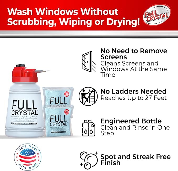 Full Crystal Window Cleaning Kit – 8 oz Glass Cleaner and Bottle with 27 ft Reach, Each 4 oz Bag Makes Up to 640 fl oz, Cleans Up to 40 Windows, Scrub-Free, Rinse-Free
