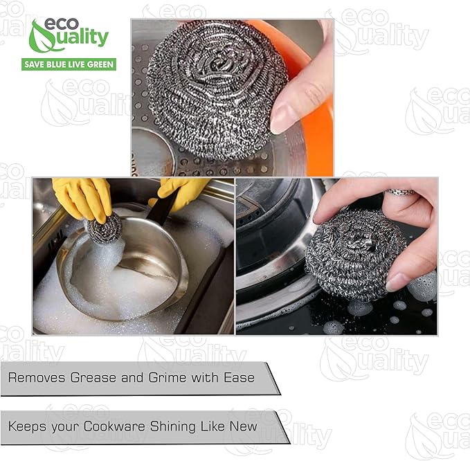 Stainless Steel Sponges Scourer, Steel Wool Scrubber, Scrubbing Scouring Pad for Pots, Pans and Ovens Great for Kitchen, Bathroom, Outdoors by EcoQuality (48)