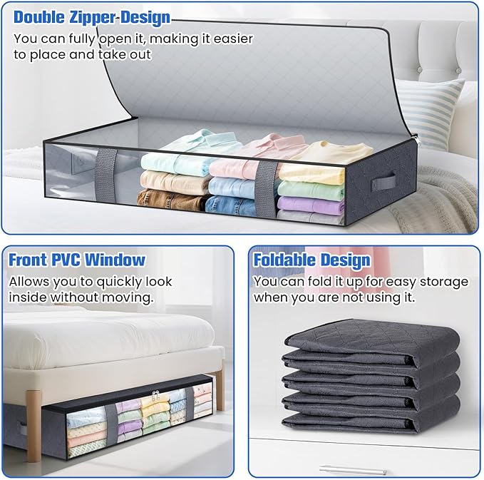 TasticTotes Under Bed Storage Containers, 4 Pack Blanket Storage Bags, Collapsible Storage Bags with Big Zippers, Clear Front, Shoe Storage and Organization for Clothes, Comforter, 90L, Grey