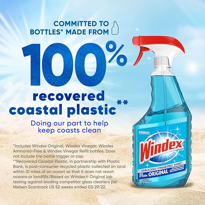 Windex Glass Cleaner Spray Refill, Original Blue Window Cleaner Works on Smudges and Fingerprints, Bottle Made of 100% Recovered Coastal Plastic, 2L (Pack of 2)