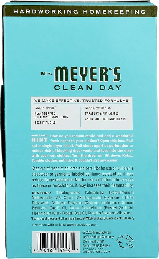MRS. MEYER'S CLEAN DAY Dryer Sheets, Fabric Softener, Reduces Static, Infused with Essential Oils, Basil, 80 Count
