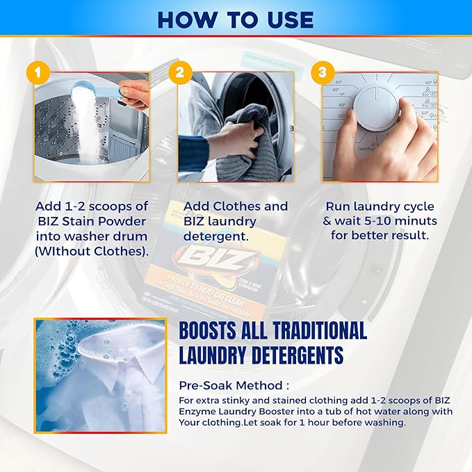 Biz Laundry Detergent Powder, Stain and Odor Eliminator for Tough Stains Like Grass Sweat and Chocolate, Powder Laundry Detergent with 4 Stain Fighters, Color Safe, Unscented, 2 Pack, 75 Oz Total