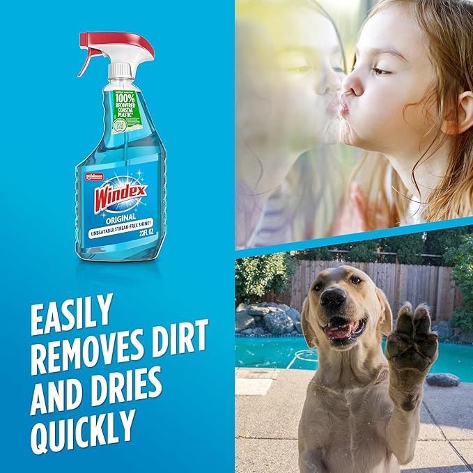 Windex Glass and Window Cleaner Spray Bottle, Bottle Made from 100% Recycled Plastic, Surface Cleaning Spray, Original Blue Scent, 23 Fl Oz,6 Count (Pack of 2)