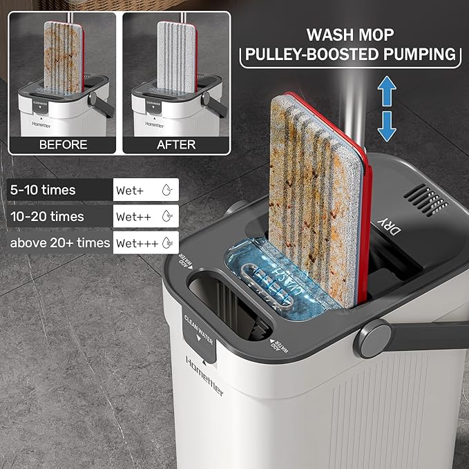 Mop and Bucket Set, Flat Mop and Bucket System with Separate Dirty and Clean Water, 3-Compartment Wall Cleaner Mop, Flat Mops for Floor Cleaning with 4 Microfiber Pads