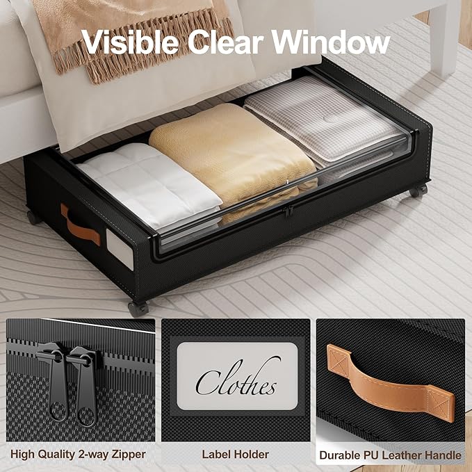 LAMU Under Bed Storage with Wheels, 2 Pack Under Bed Storage Containers with Clear Lid, XXL 60L Underbed Storage Bins, Rolling Under Bed Metal Drawers for Clothes, Blankets, Shoes, Black