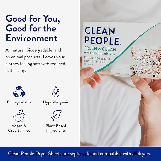 The Clean People Fabric Softener Sheets - Dryer Sheets - Softens & Removes Static Cling - Vegan Laundry Softener With Essential Oils - Fresh Scent, 120 Pack