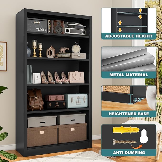 Heavy-Duty Metal Open Storage Cabinet with Adjustable Shelves, 5-Tier Shelving Unit, Easy Assembly Freestanding Organizer for Garage, Pantry,Office, Living Room (Black, 5 Tier-55"H x 27.6"W x 11.8"D)