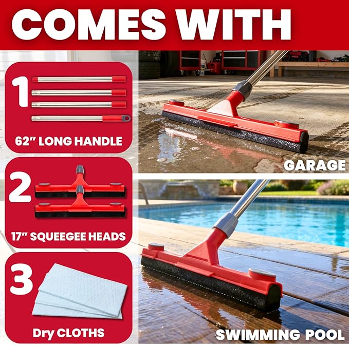 Floor Squeegee with 2 Replaceable Heads – 17'' EVA Foam Blade for Uneven Surfaces, 62'' Long Handle, Built-in Towel Clip, Non-Scratch Heavy Duty Squeegee Broom for Garage, Window, Tile, Patio & Shower