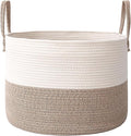 JMvicyroam 115L Extra Large Blanket Basket for Living Room - Woven Cotton Rope Laundry Hamper with Reinforced Handles - Storage Bin for Pillows, Comforters & Toys - Machine Washable,White&Brown